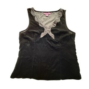 Gloria Vanderbilt Fitted Black Velvet Tank‎ V-Neck Lace Trim Side Zip Size Large